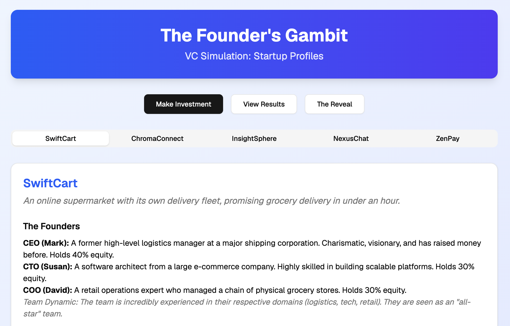 The Founder's Gambit — VC investment simulation built with AI
